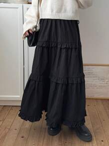 FRIFUL 女士黑色层叠荷叶边蛋糕裙，可爱甜美风格，适合约会、夏季外出 - 黑色 - 查看 3