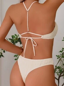 女士新款沙滩装，纯色纹理面料搭配珍珠装饰性感吊带比基尼套装 - 米色 - 查看 1