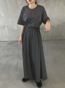 女士宽松腰部拼接长款休闲连衣裙，灰色，夏季吊带连衣裙 - 灰色 - 查看 2