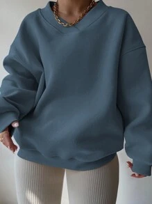 INAWLY 大码休闲纯色落肩卫衣，适合毕业季、返校季、教师节等场合，秋季必备。 - 霧霾藍 - 查看 3