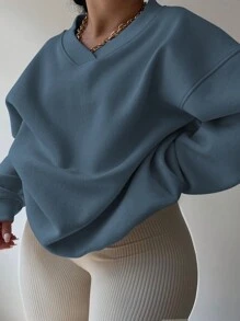 INAWLY 大码休闲纯色落肩卫衣，适合毕业季、返校季、教师节等场合，秋季必备。 - 霧霾藍 - 查看 6