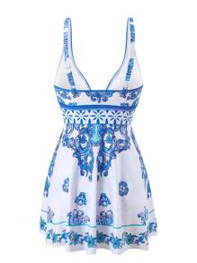 Swim Lushoire Plus Size Women Floral Print Spaghetti Strap Tankini Set, Blue & White Porcelain Pattern Elegant Two Pieces Swimsuit Set For Vacation Beach Summer