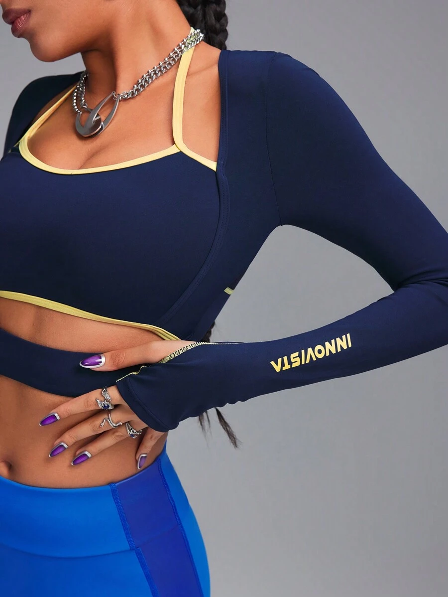 Innovista 女士3D立体曲线拼接镂空网眼运动T恤上衣，蓝色撞色设计，性感长袖，适合女孩运动、健身、锻炼、瑜伽、日常休闲、跑步等场合，秋季女装，健身服，跑步运动秋季女装，清爽浅蓝色 - 藏蓝色 - 查看 1