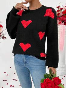 Chiquease Fashionable Heart Studded Pullover Long Sleeve Sweater Knit Pullover Fall Winter - Black - View 1