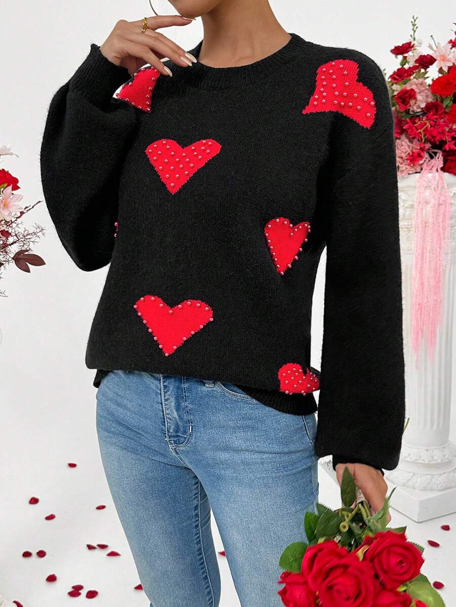 Chiquease Fashionable Heart Studded Pullover Long Sleeve Sweater Knit Pullover Fall Winter - Black - View 1