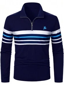 Calvornis 男士休闲半拉链高领高尔夫 Polo 衫，前胸定位条纹和色块设计，海军蓝，四分之一拉链，秋冬男士 - 藏蓝色 - 查看 2