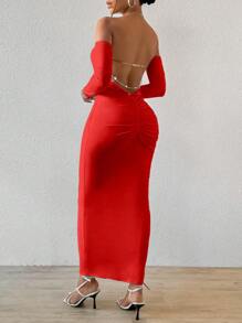 VaVaBold Váy dài tay trễ vai màu trơn cho nữ có dây xích sau lưng và trang trí xếp ly, váy bó & thời trang - Đỏ - Xem 8