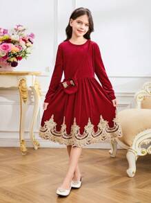Girls' Round Neck Gathering Long Sleeve Casual Loose Dress - Red - View 1