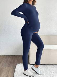 SHEIN 2pcs Maternity Set: Round Neck Long Sleeve Simple Blouse And Long Pants - Blue - View 8