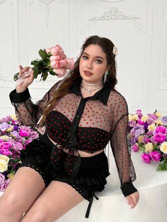 Lyrianda Plus Size Women Black Mesh See-Through Heart Shaped Romantic Sexy Blouse, Valentine's Day