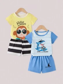 2pcs/Set Cute Cartoon Sunglasses, Monkey, Shark Striped Print Casual Crew Neck Short Sleeve T-Shirt And Shorts Set, Outfit For Infant/Toddler Boys, Summer - Multicolor - View 1
