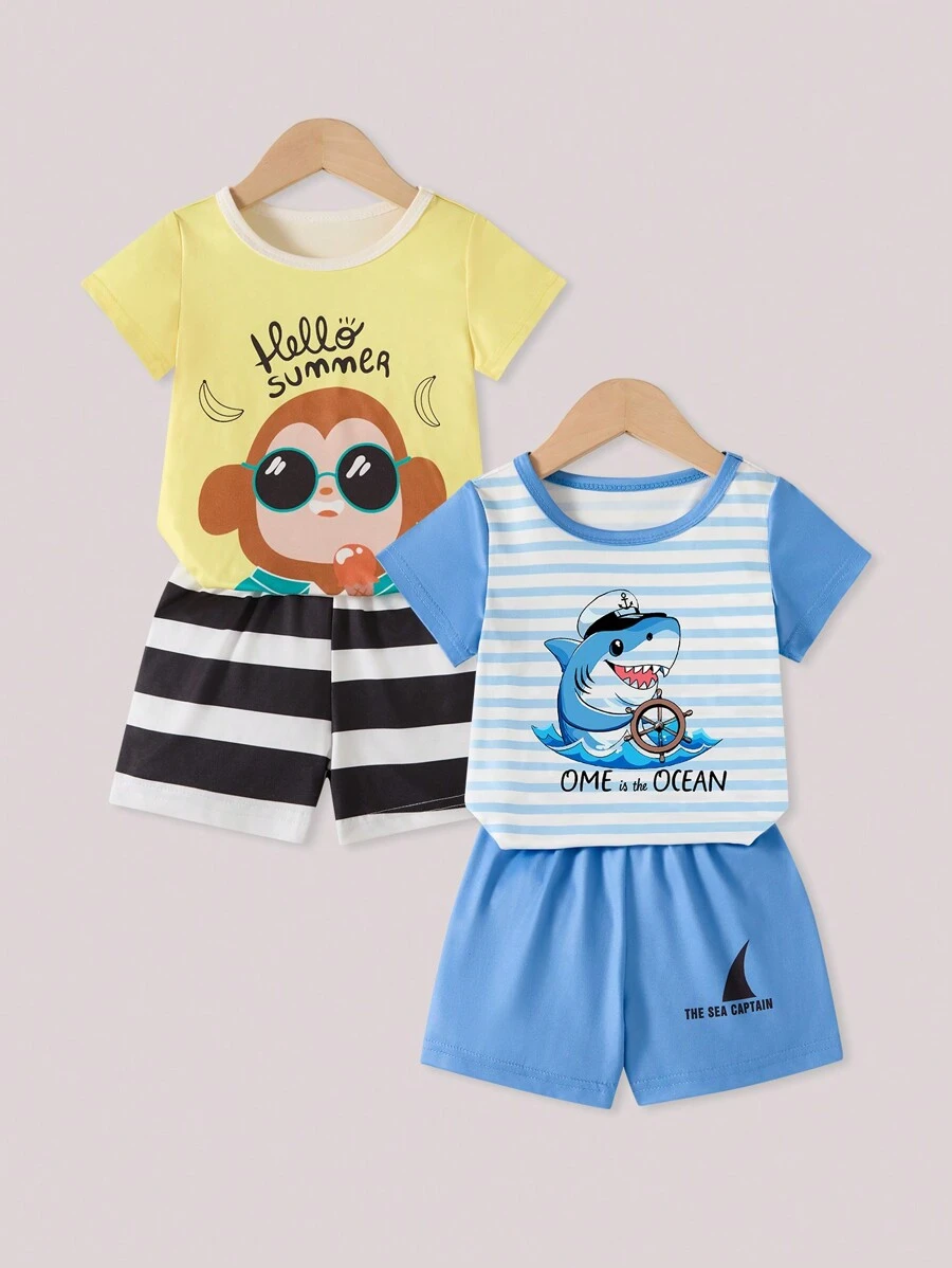 2pcs/Set Cute Cartoon Sunglasses, Monkey, Shark Striped Print Casual Crew Neck Short Sleeve T-Shirt And Shorts Set, Outfit For Infant/Toddler Boys, Summer - Multicolor - View 1