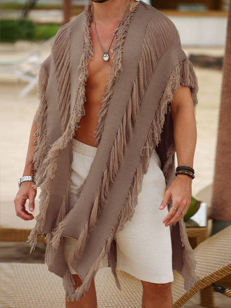 Manfinity RSRT Men's Solid Color Cardigan With Long Sleeves & Tassels, Minimalist Style, Casual For Everyday Wear - Coffee Brown - View 1