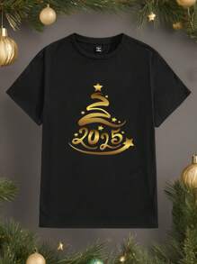 Manfinity Homme 1pc Men's Standard Size Black Round Neck T-Shirt ( Fabric), New Year T-Shirt Suitable For Family Parties