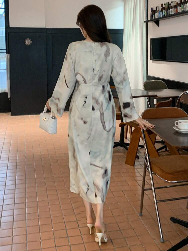 V-Neck Floral Print Twist Knot Long Dress For Women,Fall Dress Long Sleeve Dress Vacation Outfits Women