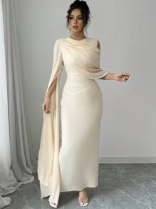 Rafferiza Vestido elegante francés de mujer de unicolor, cuello redondo, un hombro, manga extra larga con abertura, con pliegues - Albaricoque - Ver 5