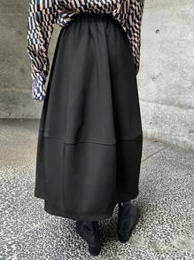 FRIFUL 女士纯色黑色长款泡泡裙，秋冬款 - 黑色 - 查看 3