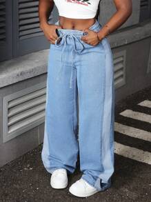 Slaydiva Women Casual Simple Front Tie Waist Denim Jeans - Light Wash - View 1