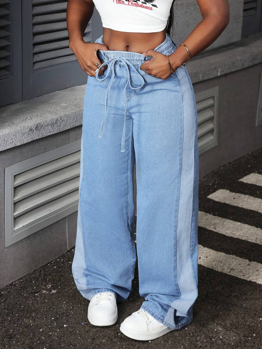 Slaydiva Women Casual Simple Front Tie Waist Denim Jeans - Light Wash - View 1