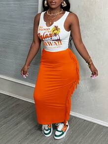 Slaydiva 夏季休闲度假U领镂空椰子树英文标语前开叉白色背心流苏墨绿色裙子女两件套-H - 橘色 - 查看 6