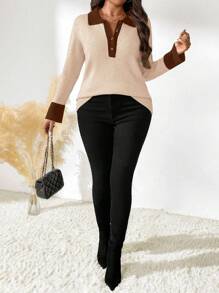 SHEIN LUNE Áo len chui đầu tay dài cài nút nửa phía trước trơn màu cỡ lớn dành cho mùa thu đông - Màu Khaki - Xem 1