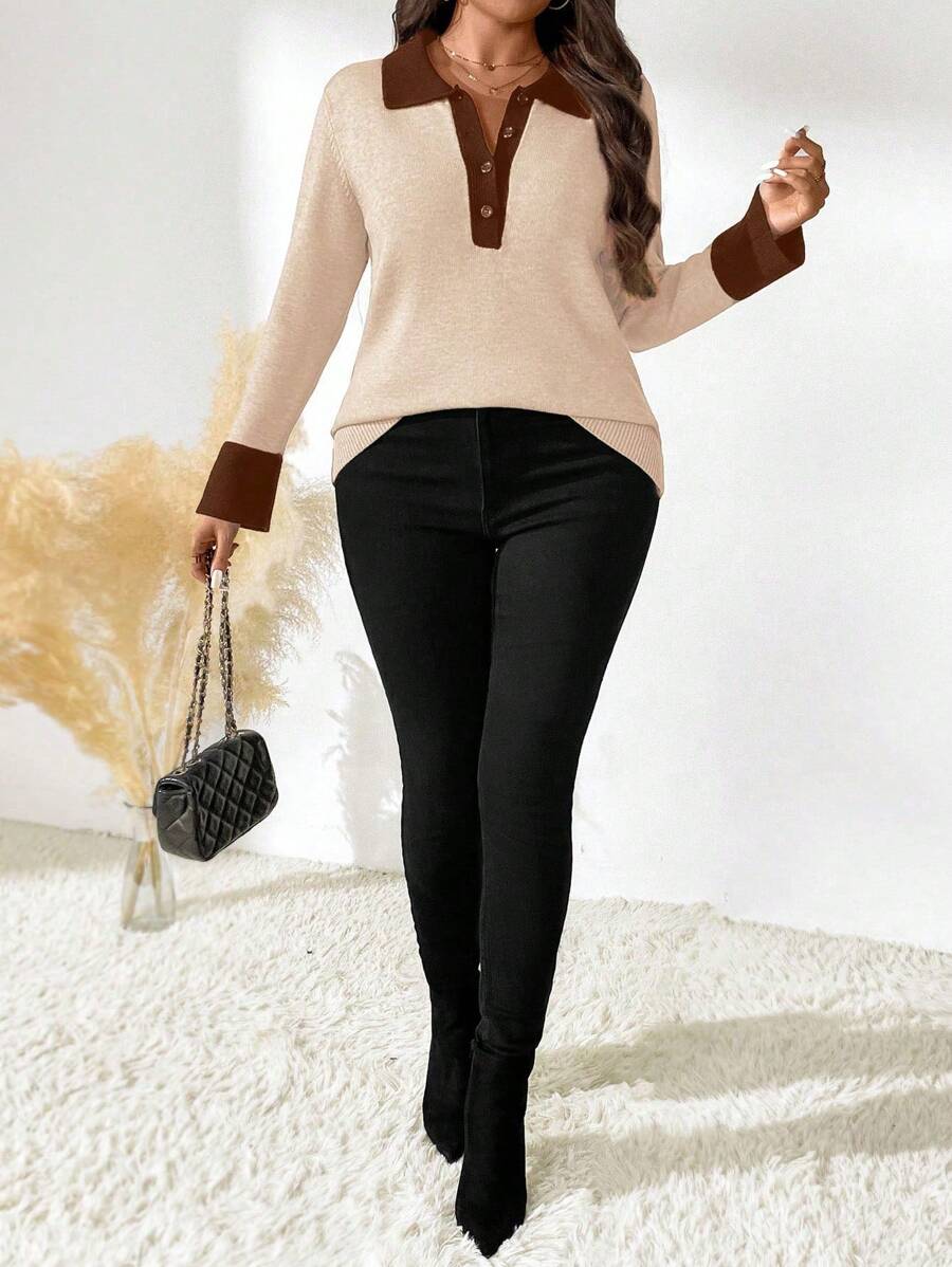 SHEIN LUNE Áo len chui đầu tay dài cài nút nửa phía trước trơn màu cỡ lớn dành cho mùa thu đông - Màu Khaki - Xem 1