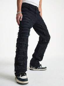 Manfinity EMRG Quần ống loe denim đen rách vát cho nam - màu đen - Xem 6