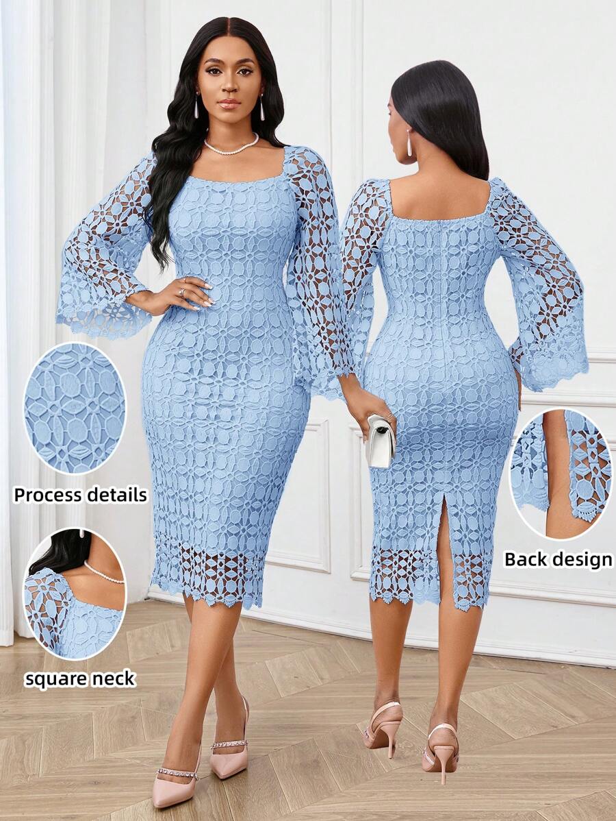 SHEIN Lady 四季秋装化妆舞会礼服优雅女士连衣裙秋季紫色连衣裙蕾丝镂空面料婚纱紫色返校节礼服演唱会女士蕾丝长袖装优雅修身喇叭长袖连衣裙秋季女装