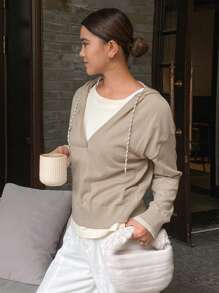 DAZY Áo khoác cardigan tay dài rộng rãi có mũ trùm đầu, dây rút dành cho nữ, quần áo mùa thu - Màu Khaki - Xem 6
