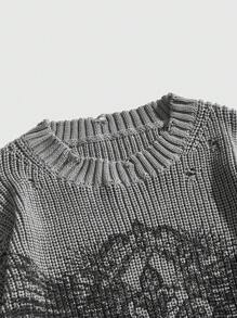 ROMWE MEN Goth 男士末日破旧印花套头针织毛衣，适合秋冬穿着 - 灰色 - 查看 3