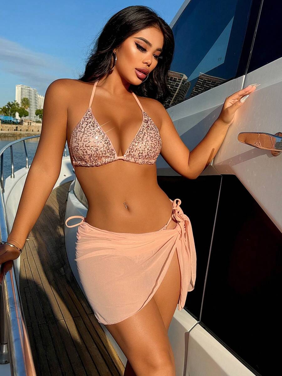 Swim Vcay 3pcs/Set Women Summer Beach Outfits, Sexy Sequin Triangle Bikini Top, High Cut Tie-Side Briefs, Solid Color Mesh Pareo Wrap