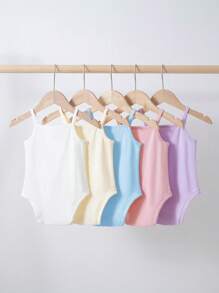 Baby Girl 5pcs/Set Casual Simple Knitted Solid Color Sleeveless Elastic Bodysuit, Comfortable For Summer - Black and White - View 2