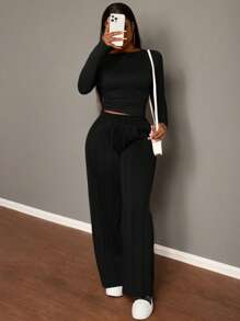 Slaydiva 2pcs Set: Women's Brown Drawstring Casual Straight Leg Sports Sweatpants + Solid Color Long Sleeve T-Shirt, Fall/Winter - Black - View 5