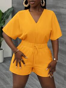 Slaydiva Casual V Neck Bat Sleeve Short Sleeve Shorts Yellow Women's Jumpsuit-C - Yellow - View 4