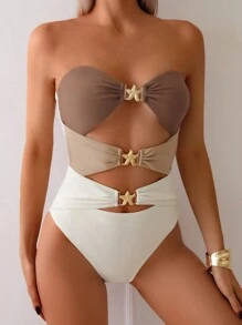 Beach Outfits For Women, Multicolor Stitching Starfish Metal Decoration Hollow Casual Regular Ladies One-Piece Swimsuit For Summer Beach Vacation