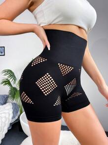 Short de cintura alta de unicolor con diseño calado, prenda moldeadora para mujer