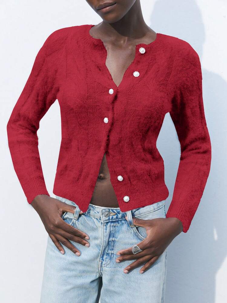 SHEIN Maija Faux Mink Fur & Cashmere Plain Color Casual Chic Red Cardigan For Everyday