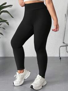 SHEIN EZwear Plus Size Czarne Leginsy Wyszczuplające z Wysokim Stanem, Swobodne i Minimalistyczne, Odpowiednie Na Wiosnę i Jesień