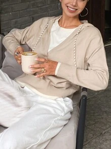 DAZY Áo khoác cardigan tay dài rộng rãi có mũ trùm đầu, dây rút dành cho nữ, quần áo mùa thu - Màu Khaki - Xem 1