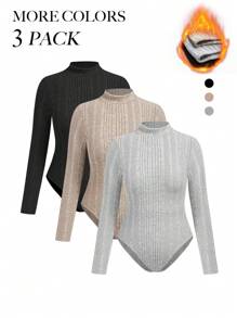 SHEIN Privé Plus Size Women's Elegant New Round Neck Long Sleeve Fleece Bodysuit - Multicolor - View 8