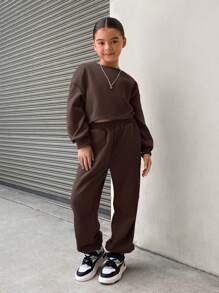 SHEIN Leap Crew Tween 女童宽松复古短款圆领运动衫和运动裤 2 件套，纯色运动休闲 - 棕色 - 查看 4