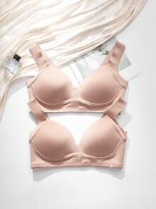 2 件装女士纯色宽肩带简约无钢圈文胸套装 - 杏色 - 查看 4