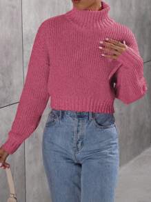 Flirla Suéter minimalista de cuello alto y manga larga de unicolor para mujer, para uso casual diario