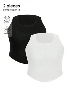 SHEIN Velisys 2 件套加大码纯色运动短款背心 - 彩色 - 查看 1