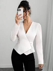 Chiquease Women's White Elegent Work Blouse,French Style V-Neck Patchwork Tie Waist A-Line V-Hem Gigot Sleeve Textured Long Sleeve Blouse For Autumn Commuting - White - View 3