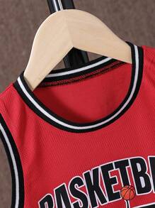 2 件套年轻男孩休闲无袖背心和短裤，简约时尚日常装 - 紅色 - 查看 3