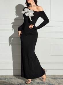 Modelyn Women Open Shoulder Long Sleeve Dress, Minimalist & Casual Everyday Wear - Black - View 6