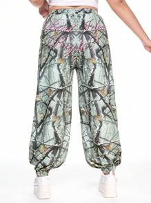 ROMWE Plus Size Loose Camouflage Letter Print Casual Sweatpants - Green - View 1