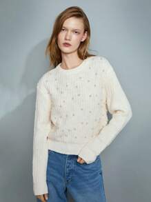 Maija 女士象牙色闪亮串珠针织毛衣，宽松版型超大长袖套头衫，优雅适合新年派对、现代百搭情人节 - 白色 - 查看 5