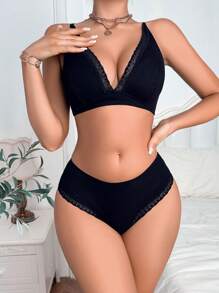 女士纯色撞色蕾丝内衣套装 - 黑色 - 查看 5